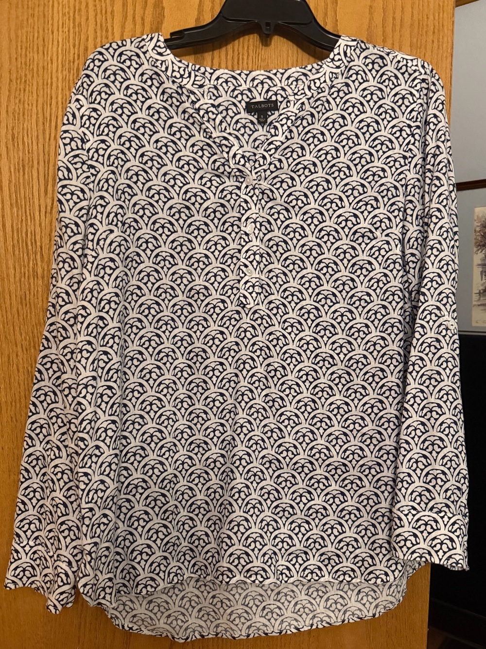 Talbots Navy and White Printed Long-Sleeve Linen Tunic